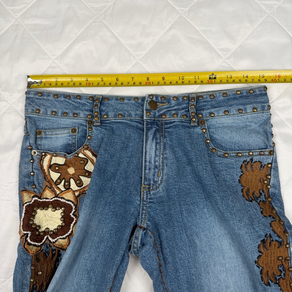 Basil & Maude Jeans Womens 6 Blue Embroidered Studded Y2K Low Rise Bootcut Long - Picture 9 of 14